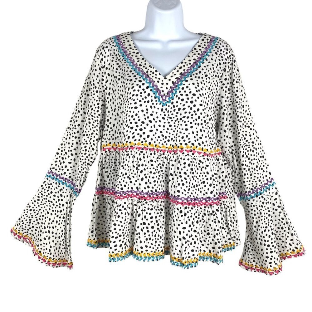 Savanna Jane Babydoll Top Bell Sleeve V-Neck Printed Rayon‎ NWT Women's Small